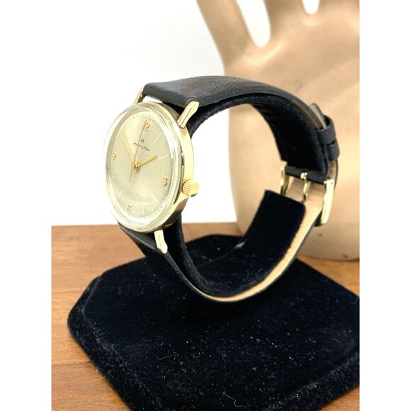 Hamilton Men's Watch Vintage Swiss Hand Wind 10k R.G.P Case Black Leather 32mm - Picture 2 of 13